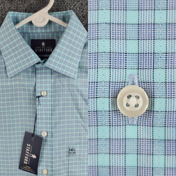 NWT Stafford Travel Button Up Shirt Green Blue Check 14.5 32/33 Regular Woven - Picture 1 of 16